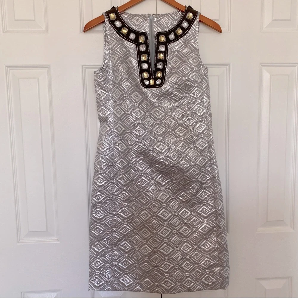 Tory Burch Jeweled V-neck Sheath Rosario Dress Sleeveless Silver Metallic